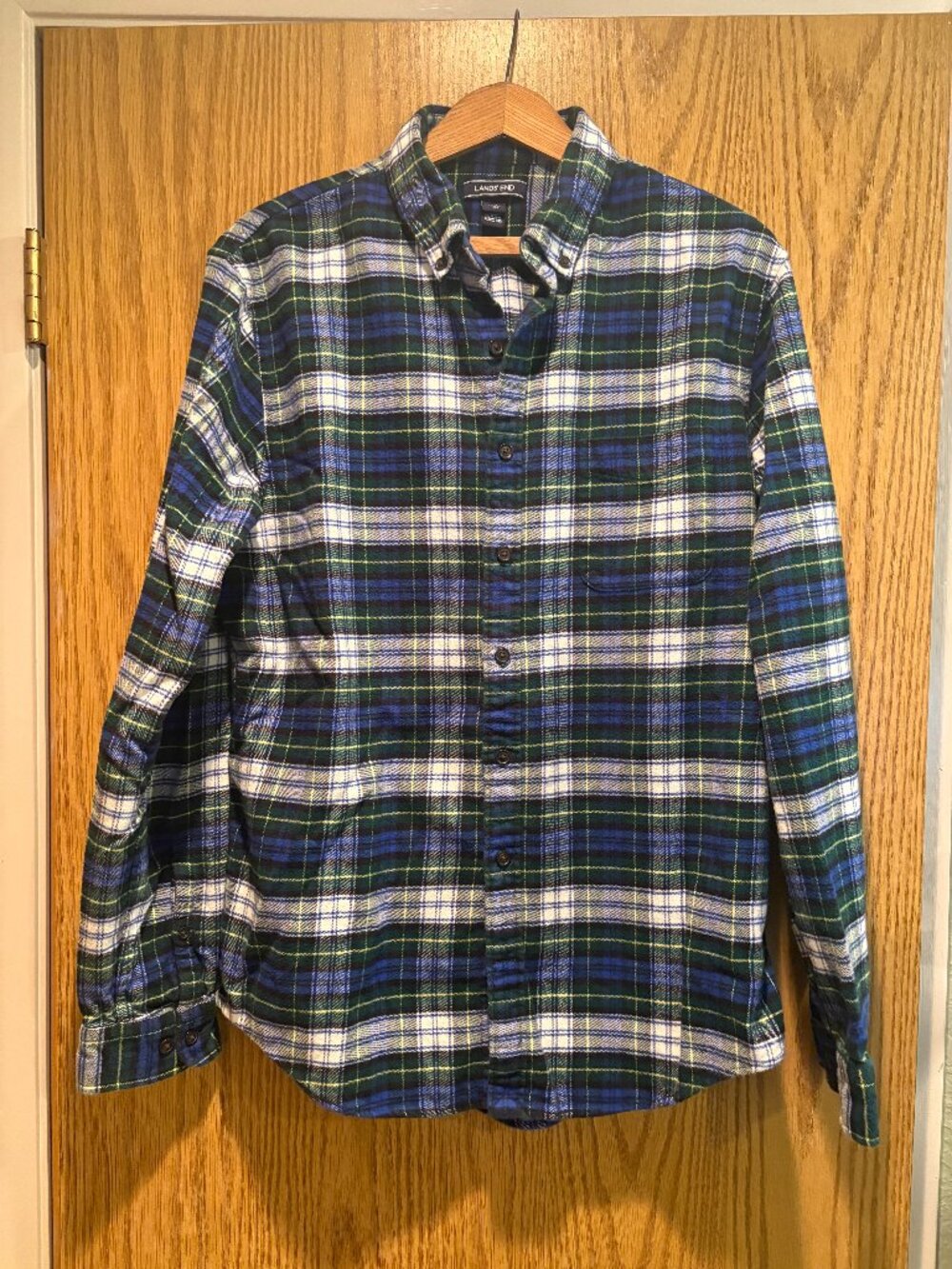 Lands’ End Men’s Large Tall Plaid Flannel Shirt 100% Cotton